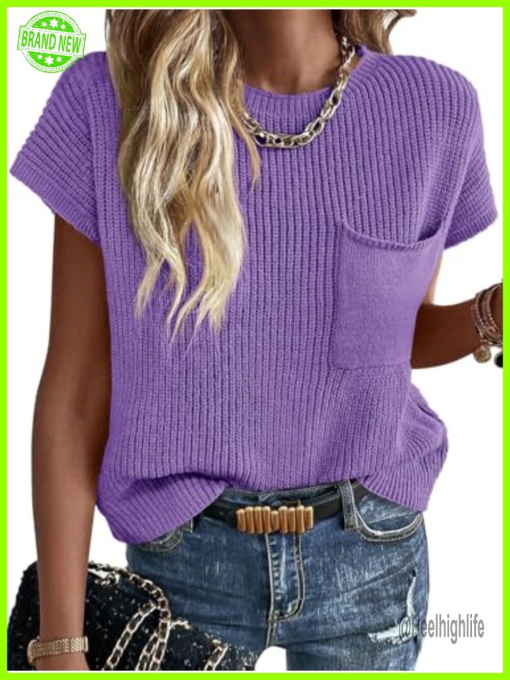 Imily Bela Women's Short Sleeve Sweater Lightweight Ribbed Knit Crew Neck